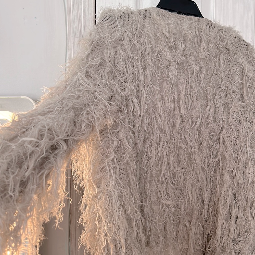 Super cute light gray Distressed fur sweater/cardigan with 2 hooks to close